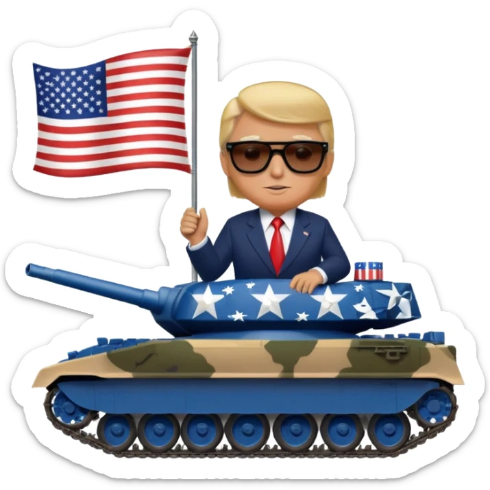 Donald trump with shades holding an American flag on top of a tank sticker