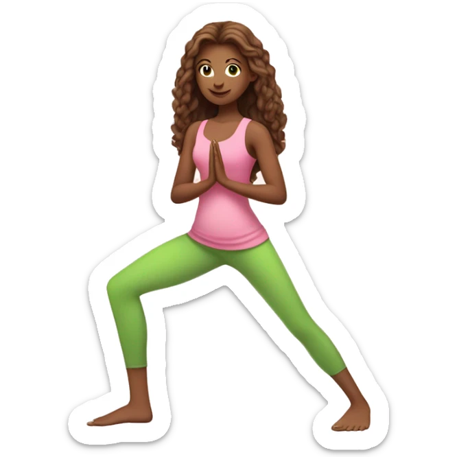 A girl with brown long hair, fair skin and green eyes stands tall in a yoga pose in a pink tank top and pink leggings sticker