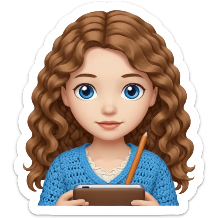 Girl with light brown wavy long hair and blue eyes who likes crochet sticker