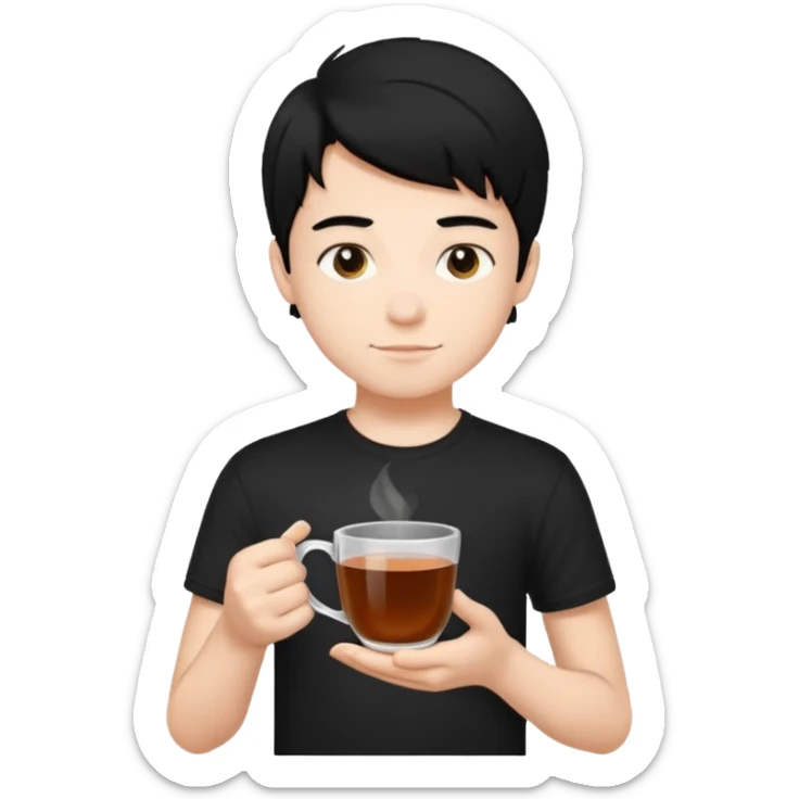 The boy teen have a black hair, and black T-shirt with a cup of tea. blue background  sticker