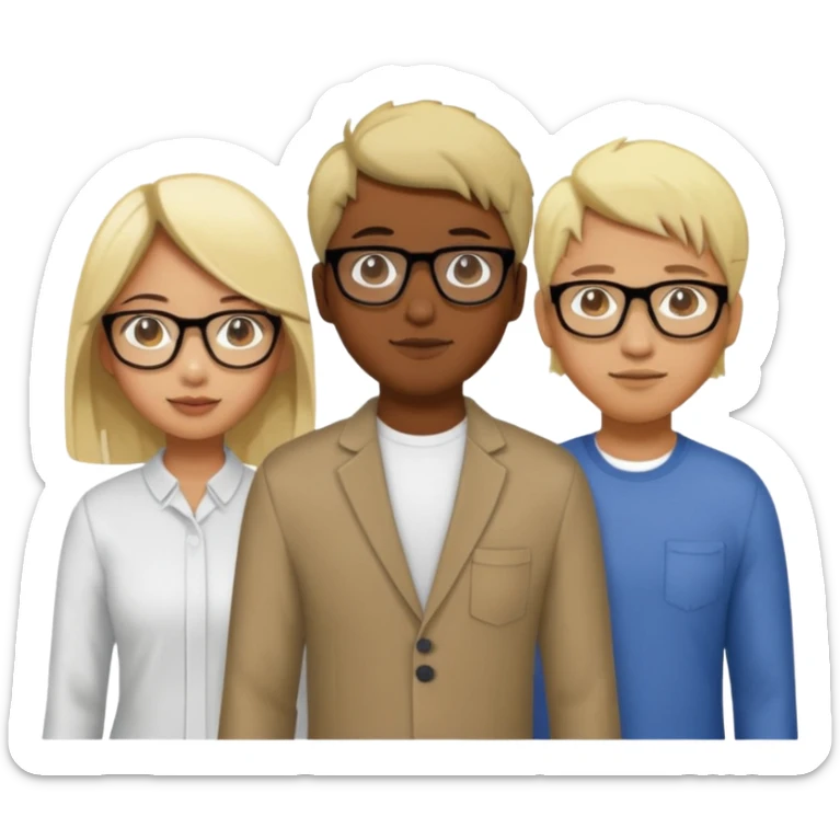 four people. Asian girl, black guy with glasses and dyed blonde hair, indian guy with glasses, asian guy sticker