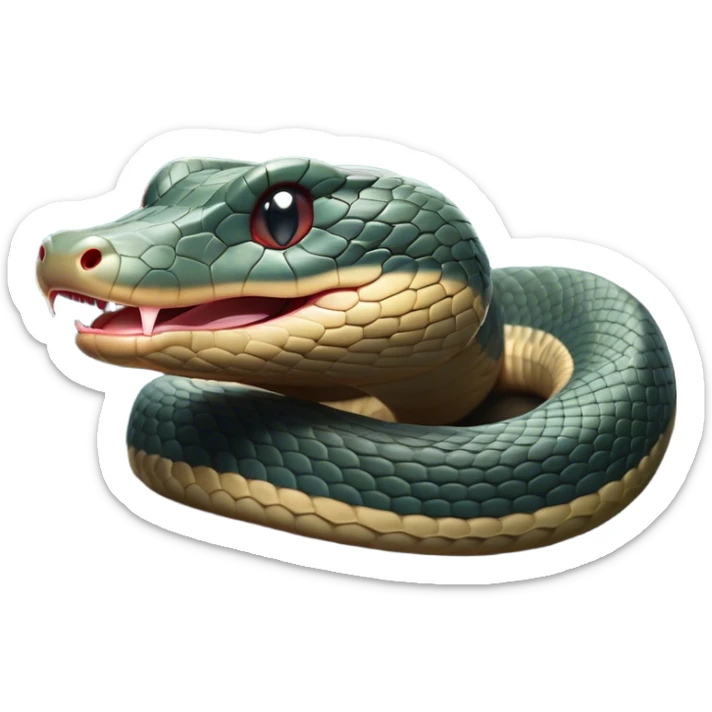 Cinematic Cute Yawning Chinese Water Snake Portrait Emoji, Head tilted slightly with a dramatic, wide-open yawn, showcasing a soft, glossy scaled body with gently drooping edges and half-closed, drowsy eyes, Simplified yet irresistibly adorable features, highly detailed, glowing with a soft, cozy aquatic glow, high shine, relaxed yet expressive, stylized with a dash of waterborn charm, soft glowing outline, capturing the essence of a sleepy yet affectionate water snake that seems ready to stretch out and rest in its watery domain! sticker
