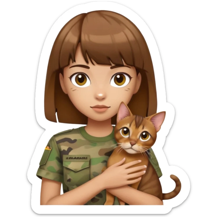 a girl with short brown hair and bangs holding an Abyssinian cat, wearing camouflage short sleeves  sticker