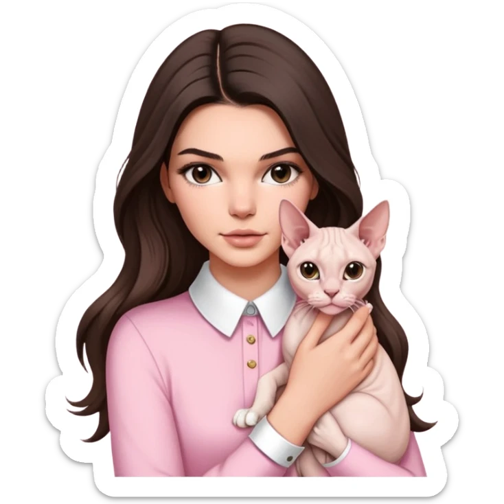 brunette Kendall Jenner with long hair holding on the hands white Sphynx Cat wear on pink collar sticker