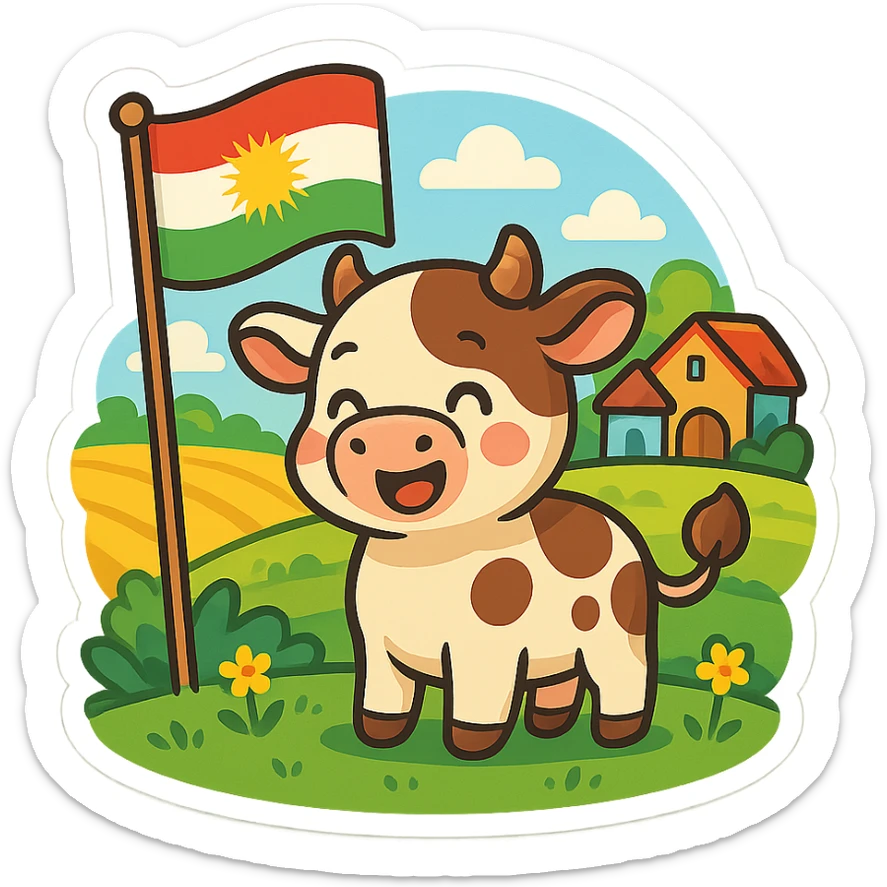 chibi cartoon sticker of a cow (گا) on a Kurdish farm, happy and colorful style sticker