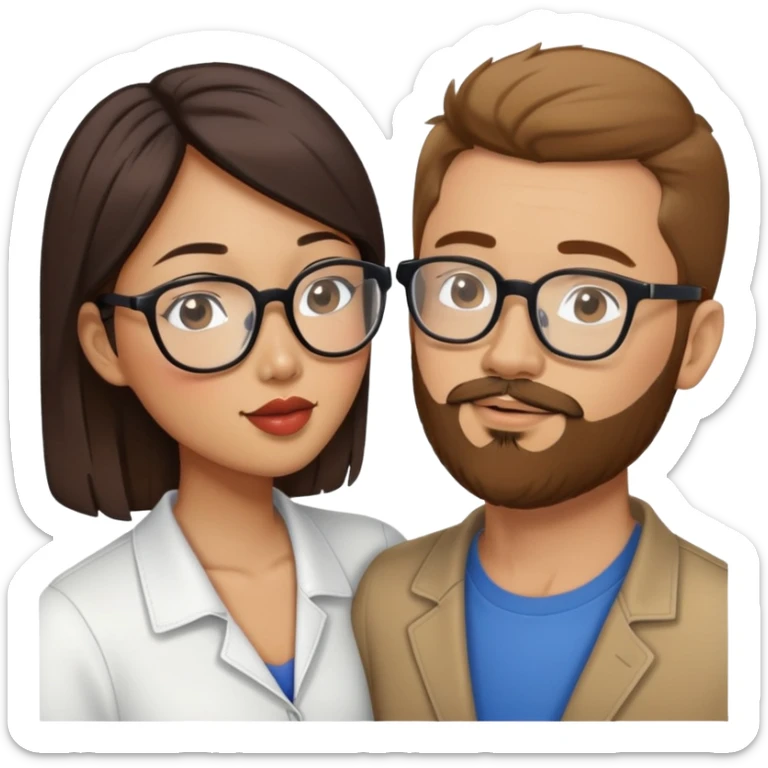 Asian American woman kissing a white guy with brown hair and only the white guy has beard stubble and glasses sticker