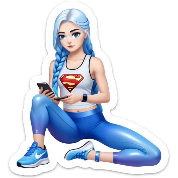 Shameful-Female-very very very large chest-texting on a samsung cell phone-very long straight braided black to sky blue hair ombre-blue eyes-black eyeliner-long eyelashes-iridescent tank top with glitter superman logo-white leggings-nike sneakers sticker
