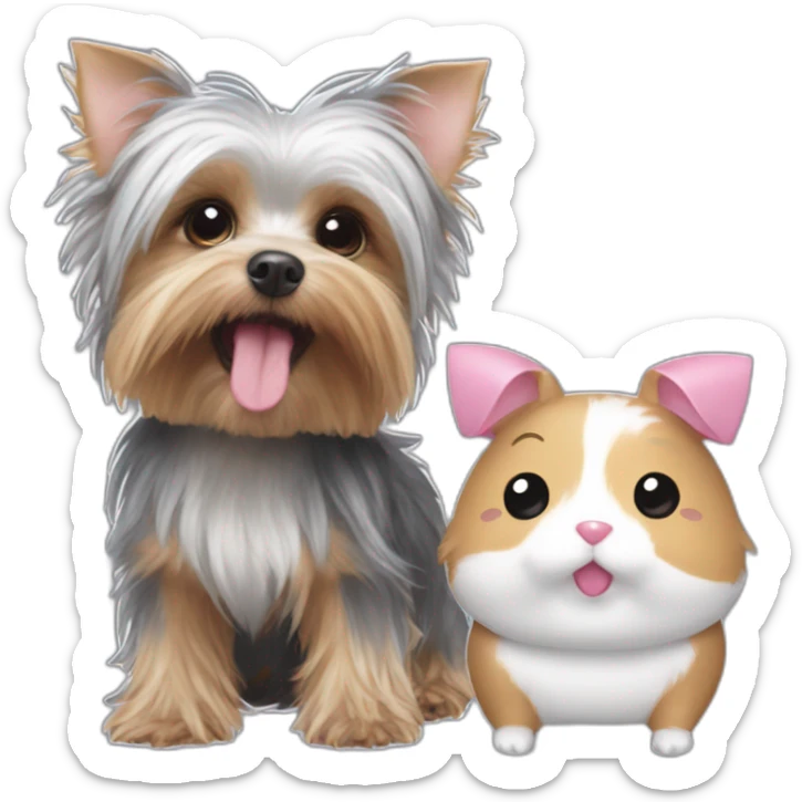 yorkshire terrier with grey hair with the tongue and two little pink hair-bow on the head and a Hamtaro beside sticker