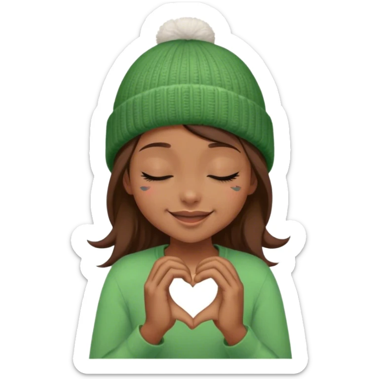 brown hair girl closed eyes stylish in a green beanie hat smiling making heart from her hands  sticker