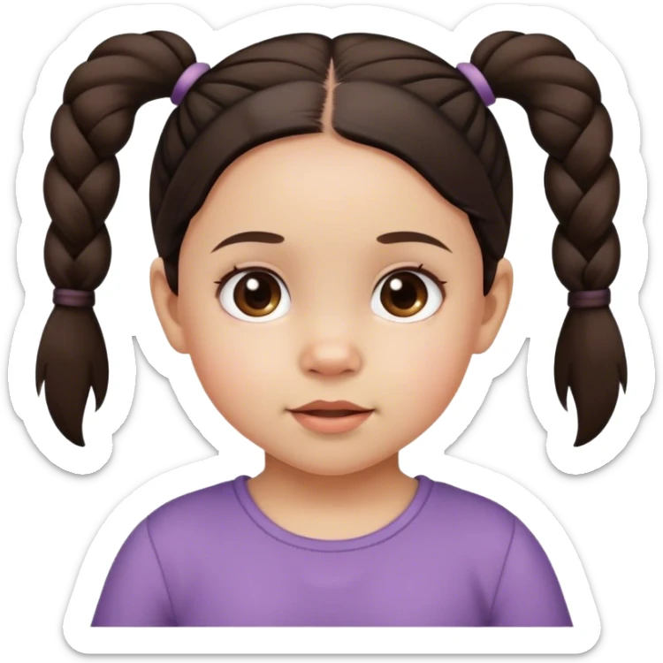 A girl toddler with dark brown pigtails and cute face sticker