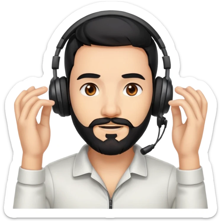 A person with black hair, brown eyes, and a black beard wearing a gaming headset with a thankful expression sticker