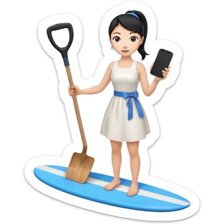 Princess who wearing white dress (woman) black ponytail hair holding her cellphone and  one garden shovel with another hand. She is standing on her feet, there is one blue surfing board under her feet. She is looking at her phone sticker