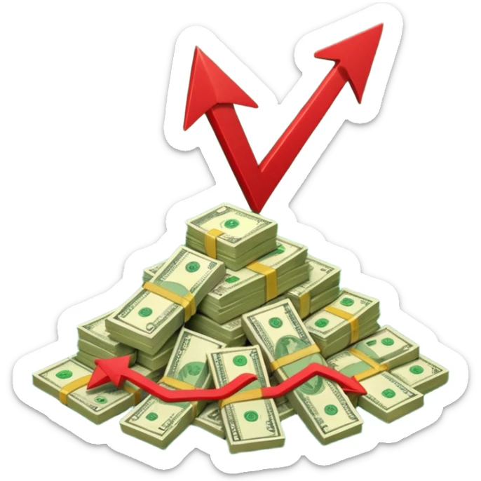 a pile of money infront of strategy paper with one red arrow up sticker