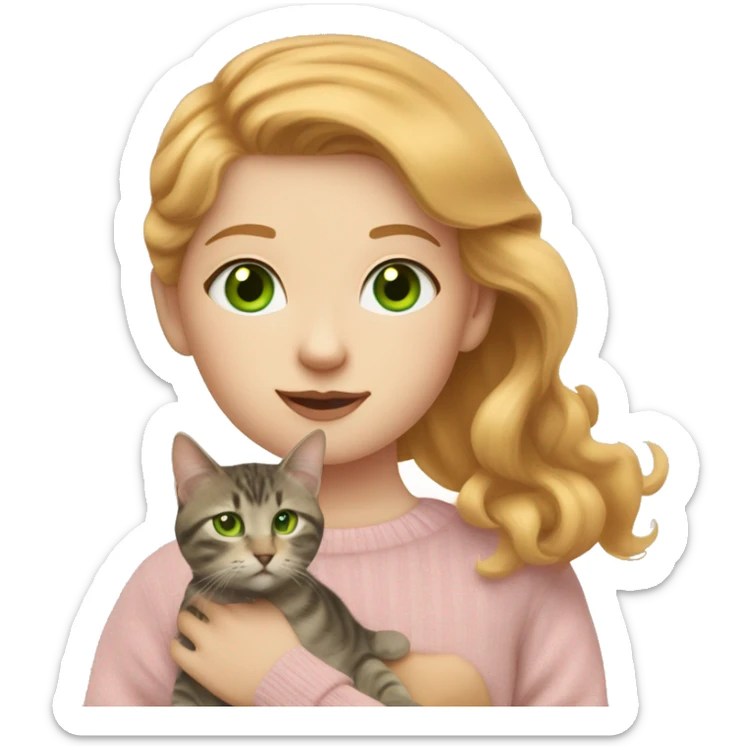 strawberry blonde girl with green eyes wearing a pale pink sweater holding a brown and gray tabby cat with yellow eyes sticker