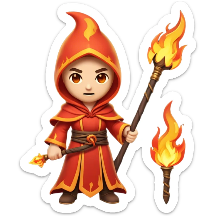Clash of Clans aesthetic: Cinematic Ferocious Fire Mage Hero Emoji, rendered in a 3D vector-style similar to standard emojis with minimal shading and bold, simplified shapes. A compact, isometric figure draped in flowing, charred and ember-lined robes, wielding a fiery staff crackling with intense flames. Eyes burning with an infernal glow, exuding raw, untamed power. Simplified yet unmistakably iconic, highly detailed and consistent, glowing with a fiery, molten radiance and high shine. Stylized with a touch of menacing sorcery and a searing, ember-infused outline, capturing the essence of a wrathful mage ready to unleash devastating fire magic! sticker