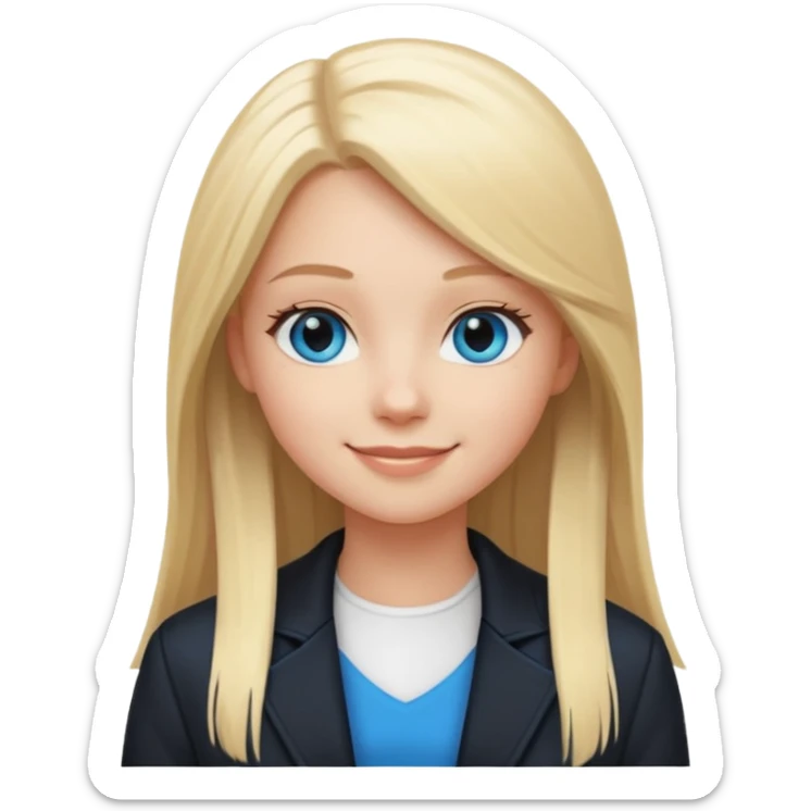 A white girl with long straight blonde hair, blue eyes and a white dress with a smiling black jacket sticker