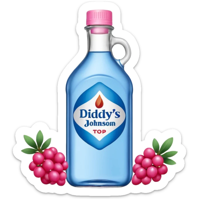 bottle of oil blue top pink outside with logo that says Diddys Oil Johnson and Johnson bottle with a berry on top sticker