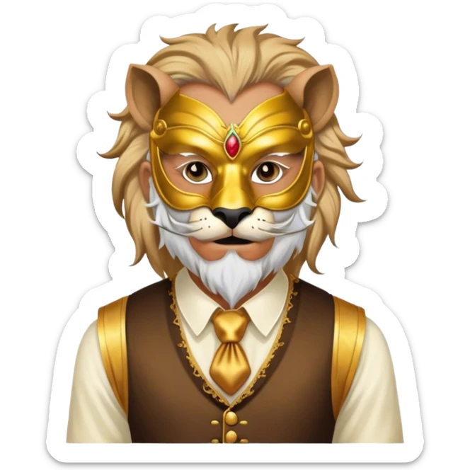 a old man, with a vest,  wear half-face golden Lion masquerade mask sticker