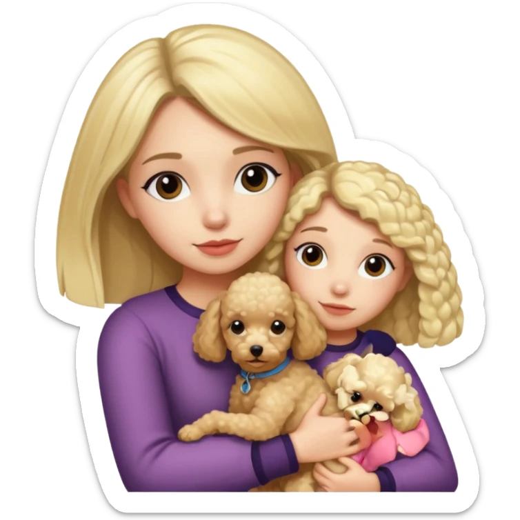 Ludo (ragazza mora capelli lisci) che abbraccia il suo cane (un barboncino biondo) sticker