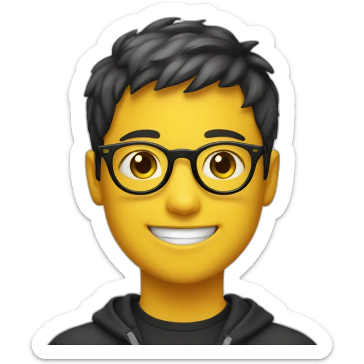 A smiling boy with short hair and yellow skin wearing black-framed round glasses sticker