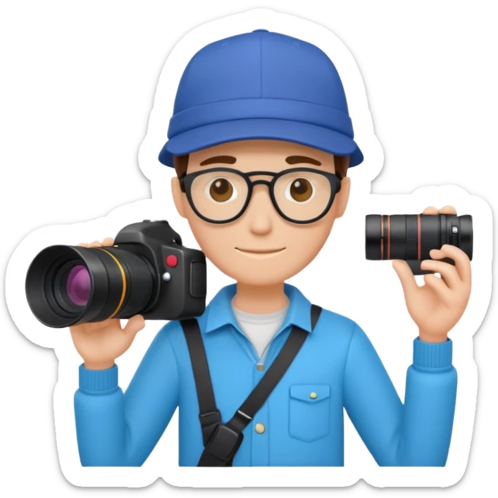 3D illustration of a friendly faceless cartoon photographer icon, wearing a stylish cap, holding a professional DSLR camera with a large lens, minimalist design, vibrant colors sticker