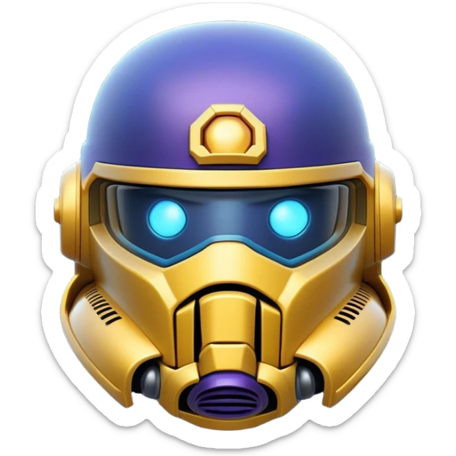 Clash of Clans aesthetic: Cinematic Playful Space Marine Helmet Emoji, rendered in a 3D vector-style similar to standard emojis with minimal shading and bold, simplified shapes. A compact, heroic isometric helmet with futuristic, armored detailing and a glowing visor, softly glowing with a battle-ready cosmic charm. Simplified yet unmistakably iconic, highly detailed and consistent, glowing with a soft radiant shine and high gloss. Stylized with a touch of interstellar valor and a soft glowing outline, capturing the essence of an elite warrior’s helm with a friendly, playful spirit! sticker