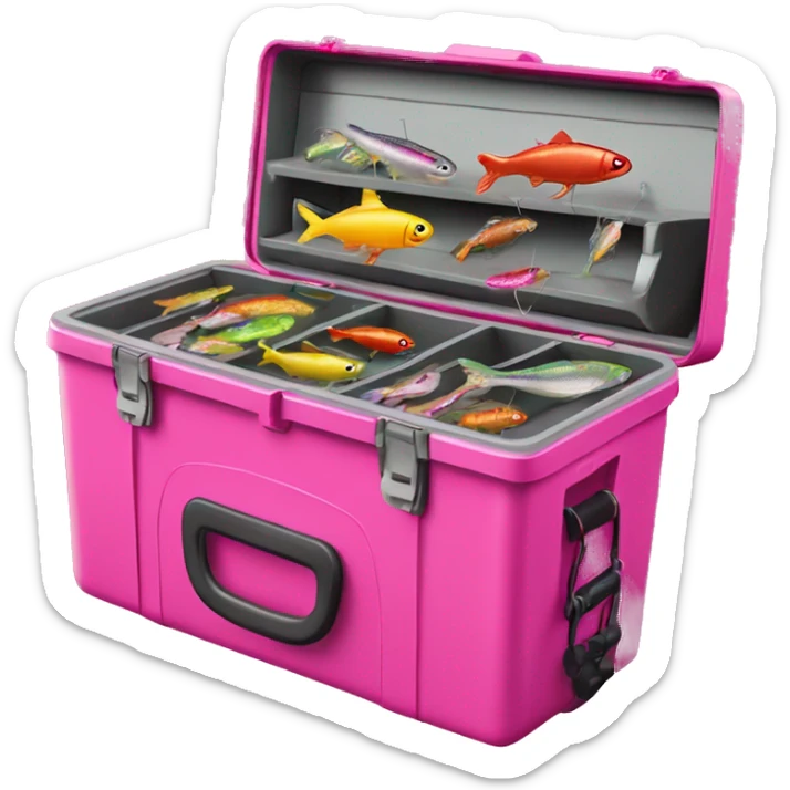 Realistic hot pink Fishing tackle box open with  fish bait and hooks inside of it sticker