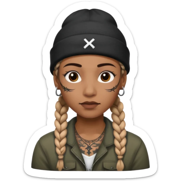 braided and tattoedbraided with lots lots lots of face tattooes and a hat sticker