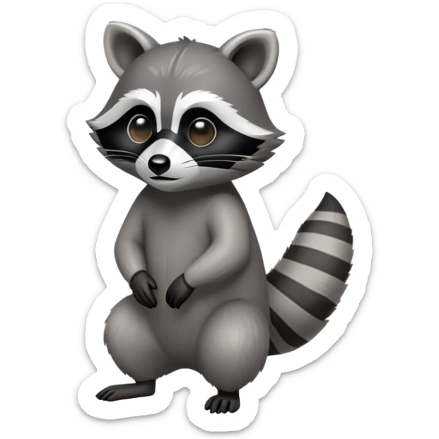 Cinematic-Raccoon-Realistic-hunched Full-Body-Standing on all fours-Emoji – Tail flicking lazily, head tilted dramatically, thick grey fur with a signature black mask, sharp and alert ears, simplified yet realistic focused features, highly detailed, glowing with an almost sarcastic glow. sticker