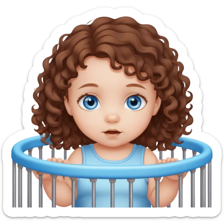 Blue-eyed baby girl with soft loose brown curls in playpen  sticker