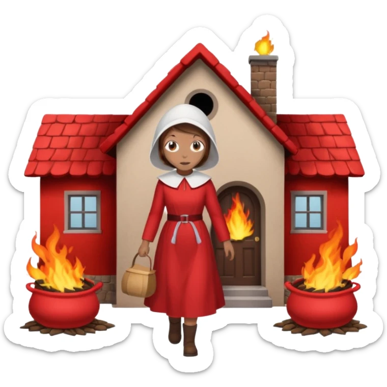 handmaids tale style woman burning house down walking away from house. shes wearing the nun hands maid tale hat cant see her face with brown hair shes wearing the red handmaids tale costume with white bonnet. walking away from the house sticker