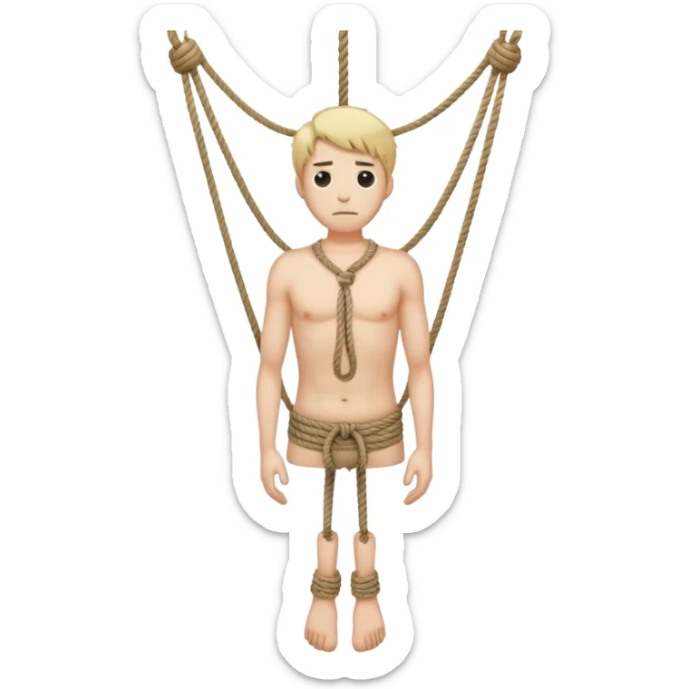A man with a rope tied by his neck hanging, dead eyes, full body hanging, no other ropes  sticker