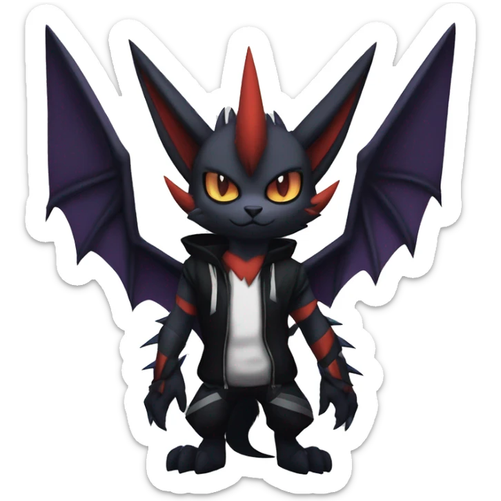 Cool Anthro Black Noivern-Absol-Litten-Pokémon with edgy stripes hoodie spiked collar punk Full Body sticker