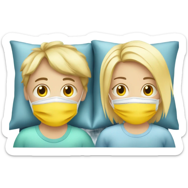 Two blonde children, each in their own bed at home, sick, sad, each wearing a surgical mask, one is a Boy, one is a girl, get well soon sign with yellow heart sticker