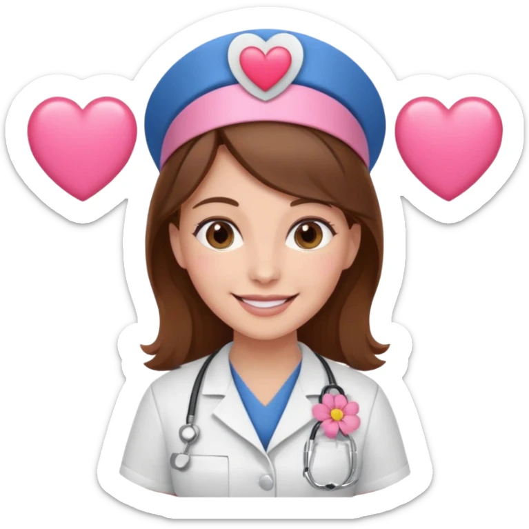 Brown hair Nurse with pink heart and flowers surround her head sticker