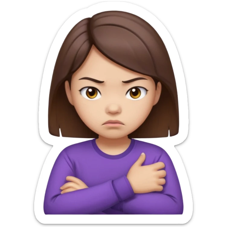 Angry Pouty girl with small asian eyes folding arms in a purple longsleeve shirt she has fair skin and brown hair sticker