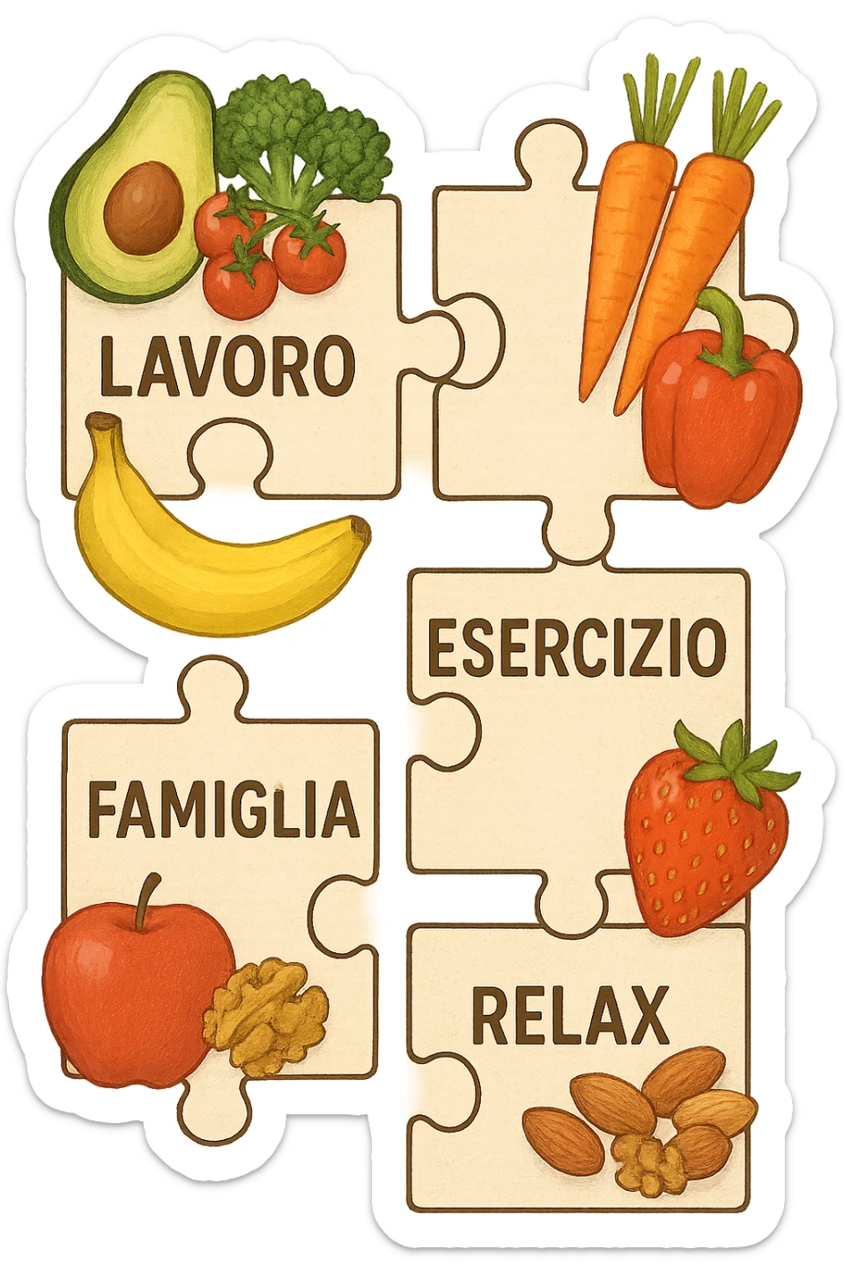 Puzzle (Lavoro, Esercizio, Famiglia, Relax), and healthy foods are integrated into each piece. in italiano sticker