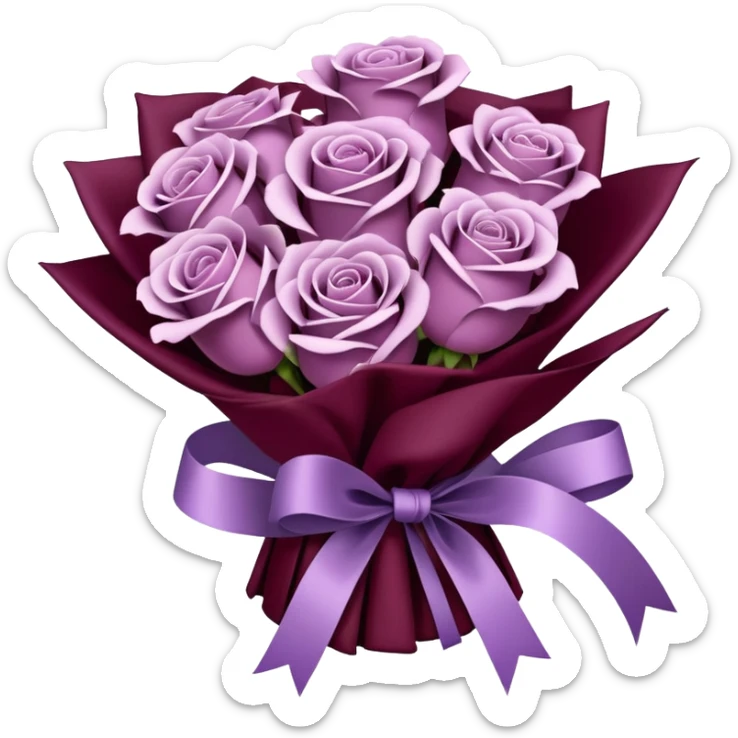 Bouquet of pale purple roses in a burgundy package sticker