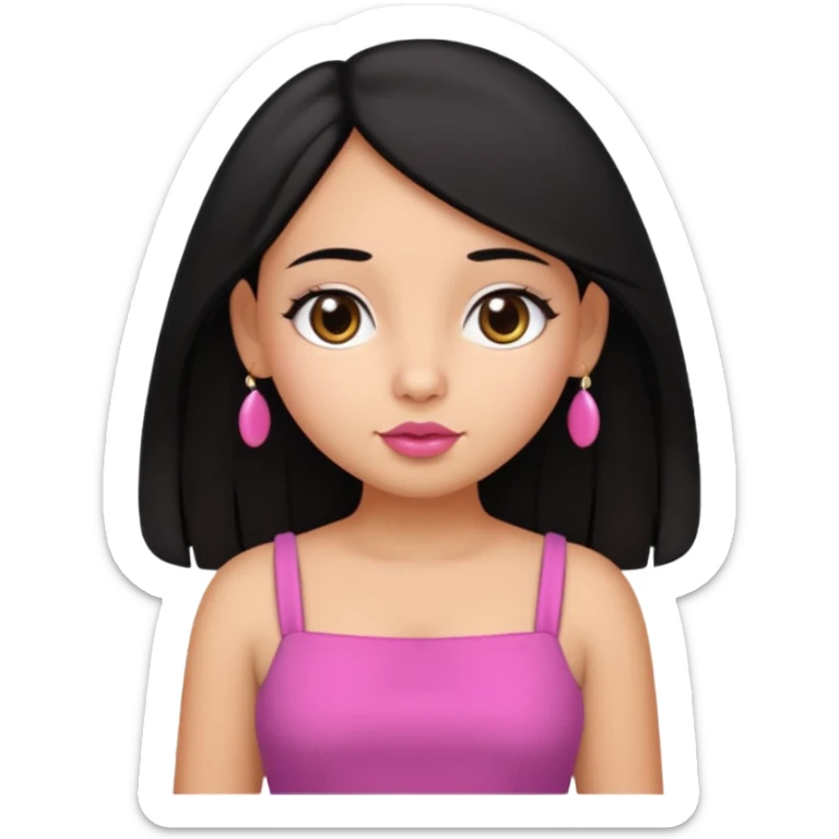 Gordita, ojos pequeños de color cafe oscuro, labios pequeños y rosados, piel trigueña, orejas pequeñas, cabello largo lazio y negro, pequeña. cuerpo completo. sticker