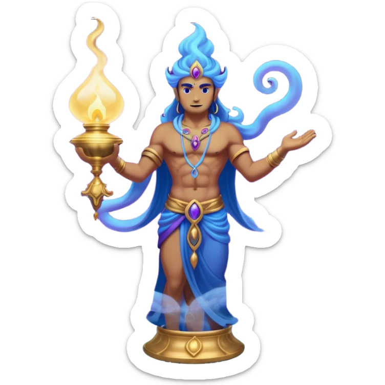 mystical fantasy illustration of a powerful jinn emerging from an ancient golden lamp. Glowing blue and purple smoke spirals upward in a smooth circular motion, creating the illusion of a looping animation.  sticker