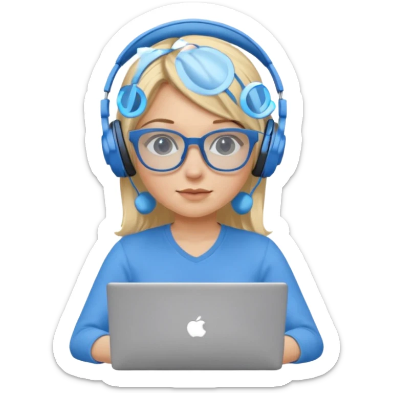 create a blonde hair women with blue glasses and blue headphones working on a laptop wearing a blue top. sticker