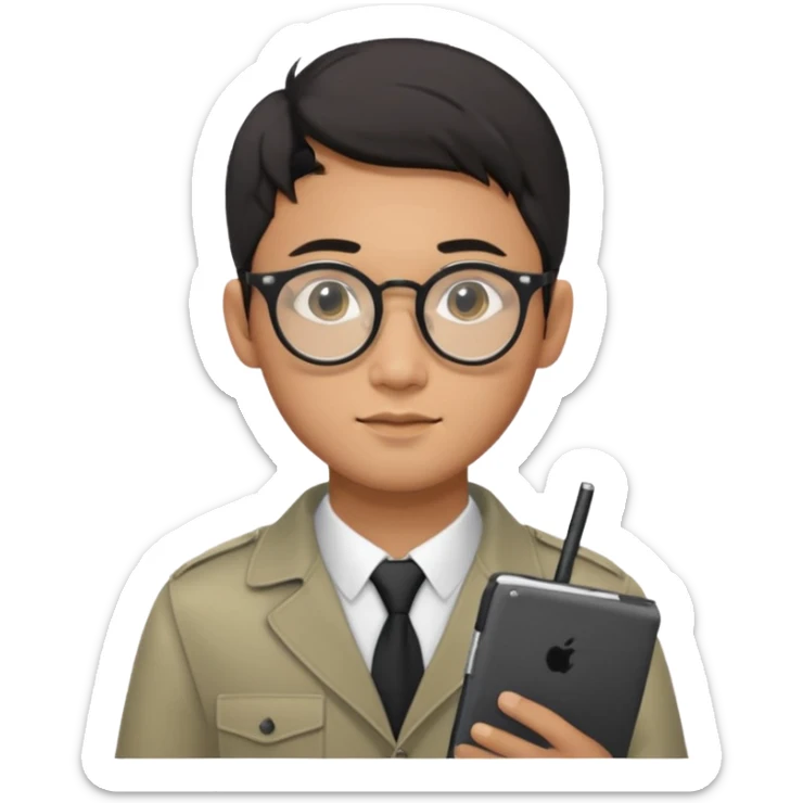 a asia man guy his 20s wearing an apple notebook, wearing bodyguard radio operator, round glasses, achromatic clothes sticker