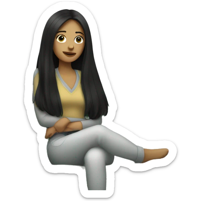 woman with long black hair sitting on a couch with a bunch of seaweed sticker