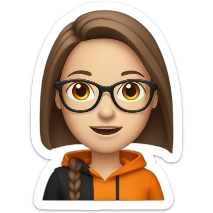 white woman with glasses with long straight brown hair waving wearing a dark orange shirt and black hoodie sticker