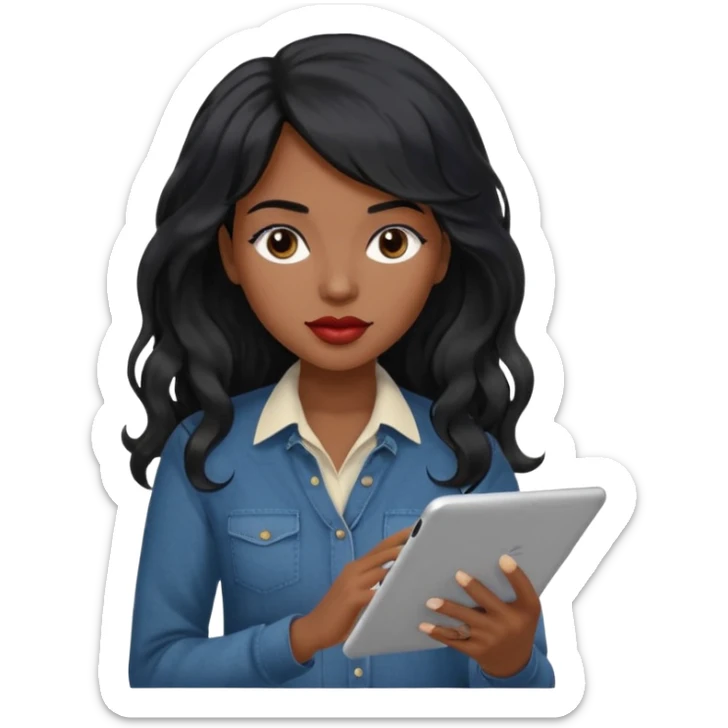 A young woman with long black hair, a wavy frange falling on half of her head.  She's black, medium to dark skinned with thick lips. She's holding something that let's us know she's the CEO of a creative agency, but she's wearing casual clothes. she has long eyelashes. sticker