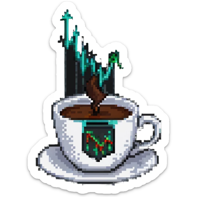 a cup of coffee with a rising stock market arrow sticker