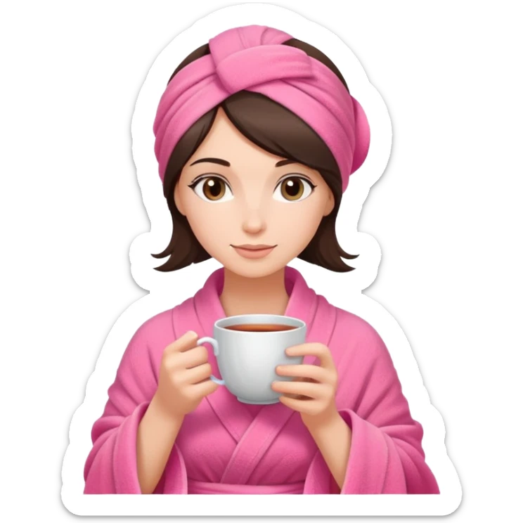 brunette girl hair wrapped in pink towel holding tea with hands sticker
