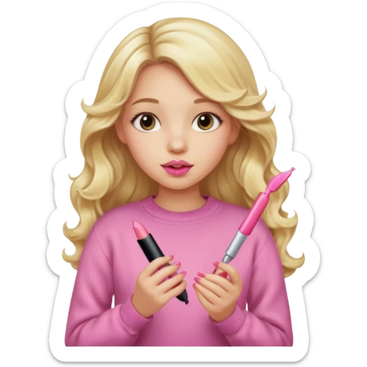 A long curled blonde haired  young girl with a pink sweater and holding a lip gloss sticker