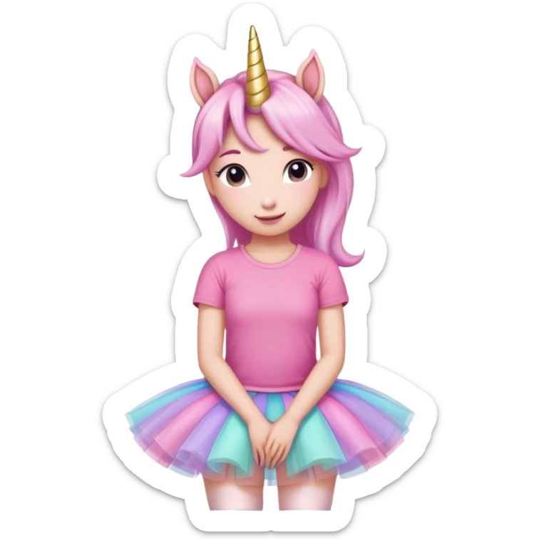 head of an anthropomorphised female unicorn in tutu and pink t-shirt, relaxed pose sticker