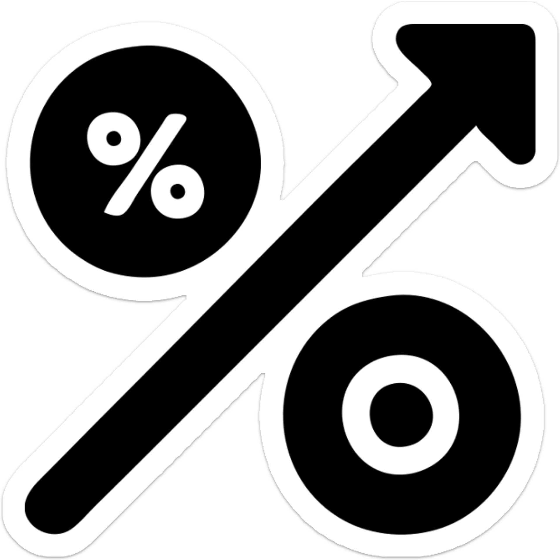 Create an icon with a percentage symbol and an upward arrow, in a minimalist style with solid black fill and transparent background, similar to the example provided. sticker